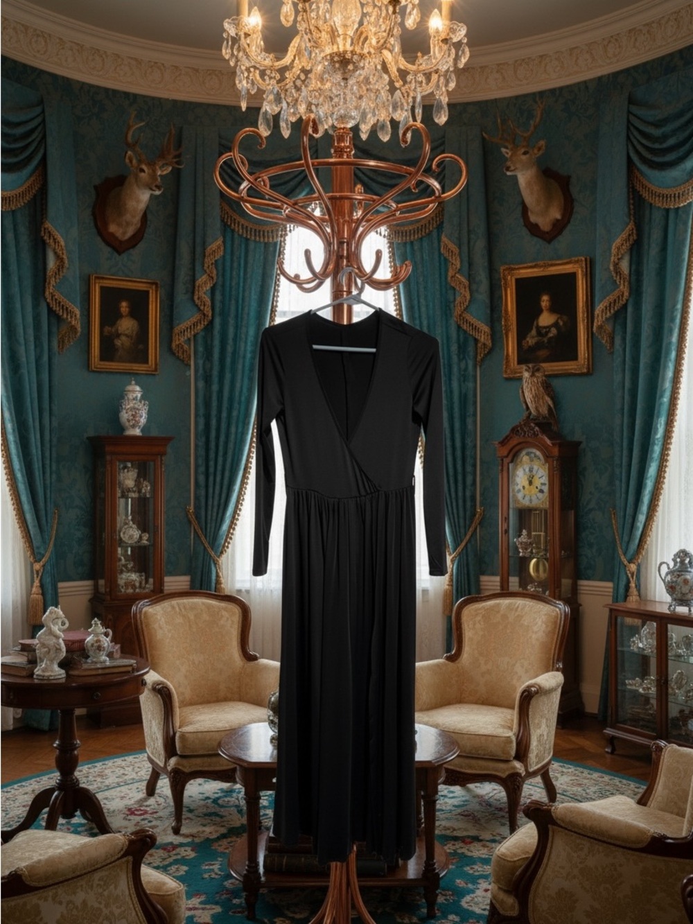 Black Maxi Wrap-Style Long Sleeve Dress